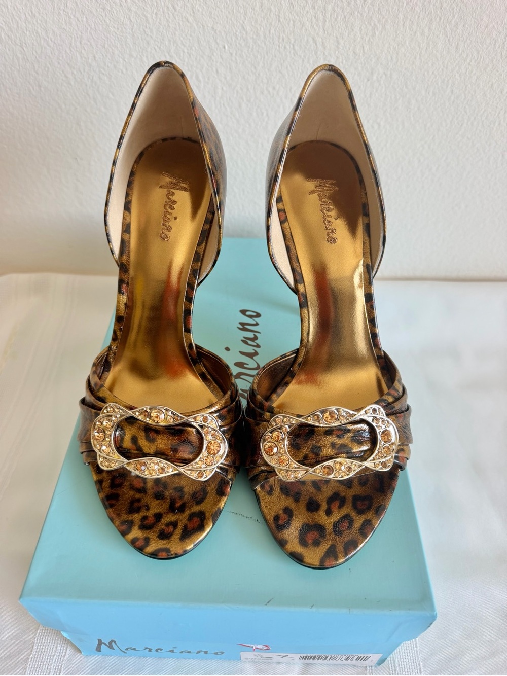 Marciano Leopard-Print D'Orsay Heels with Crystal Buckle
